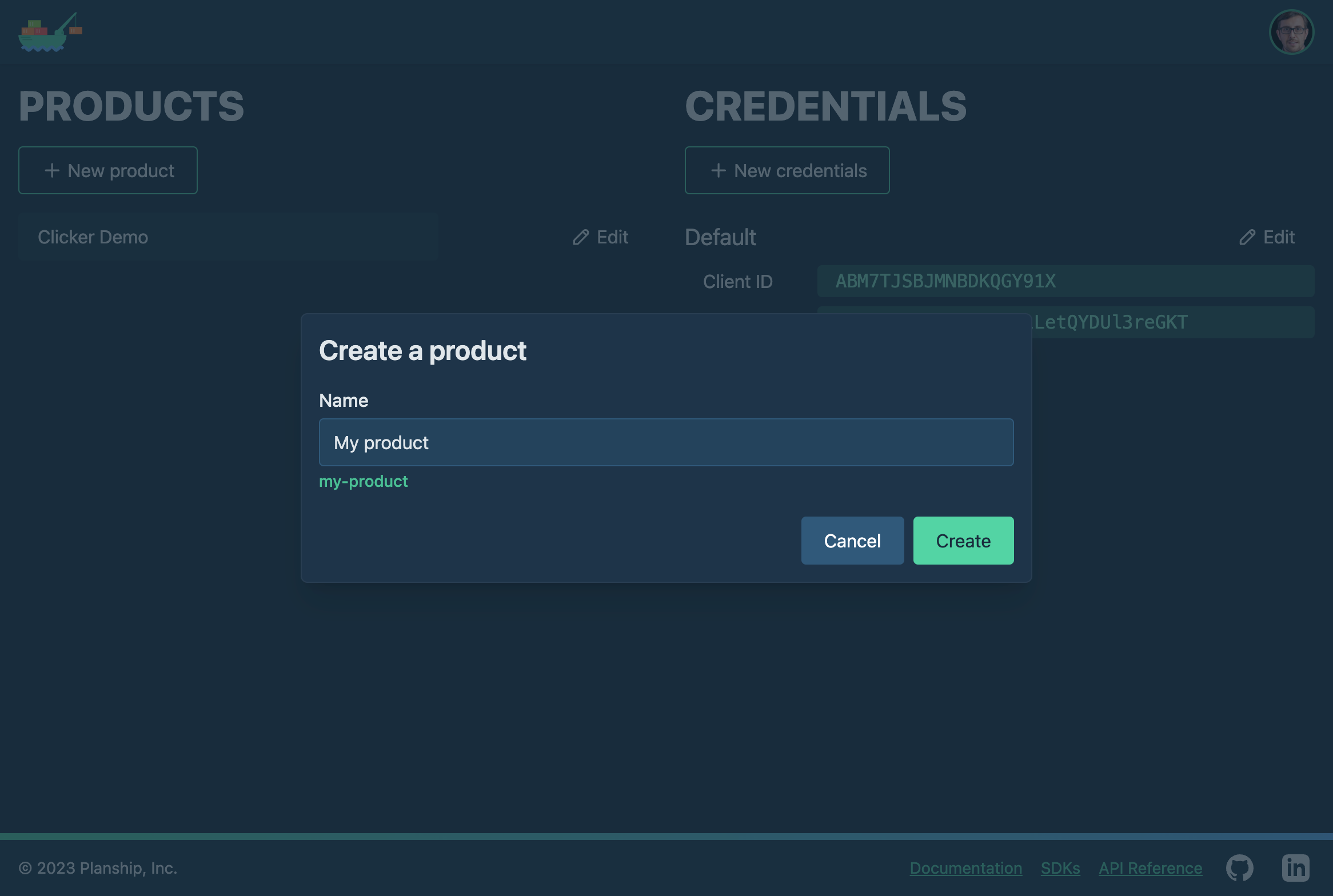 Planship console screenshot showing a new product creation using Create a product dialog 