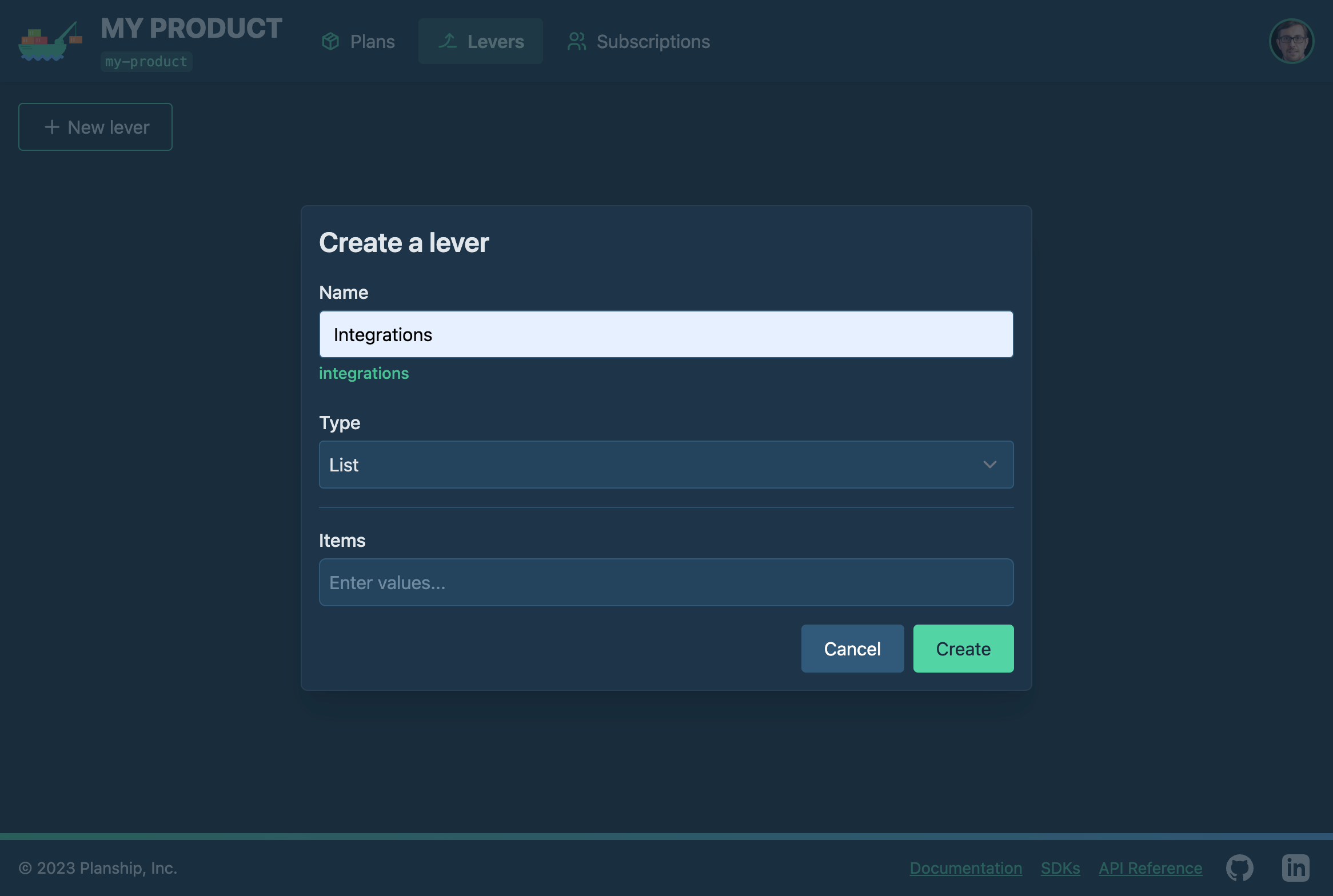 Planship console screenshot showing a new 'Integrations' list lever creation using the Create a lever dialog 