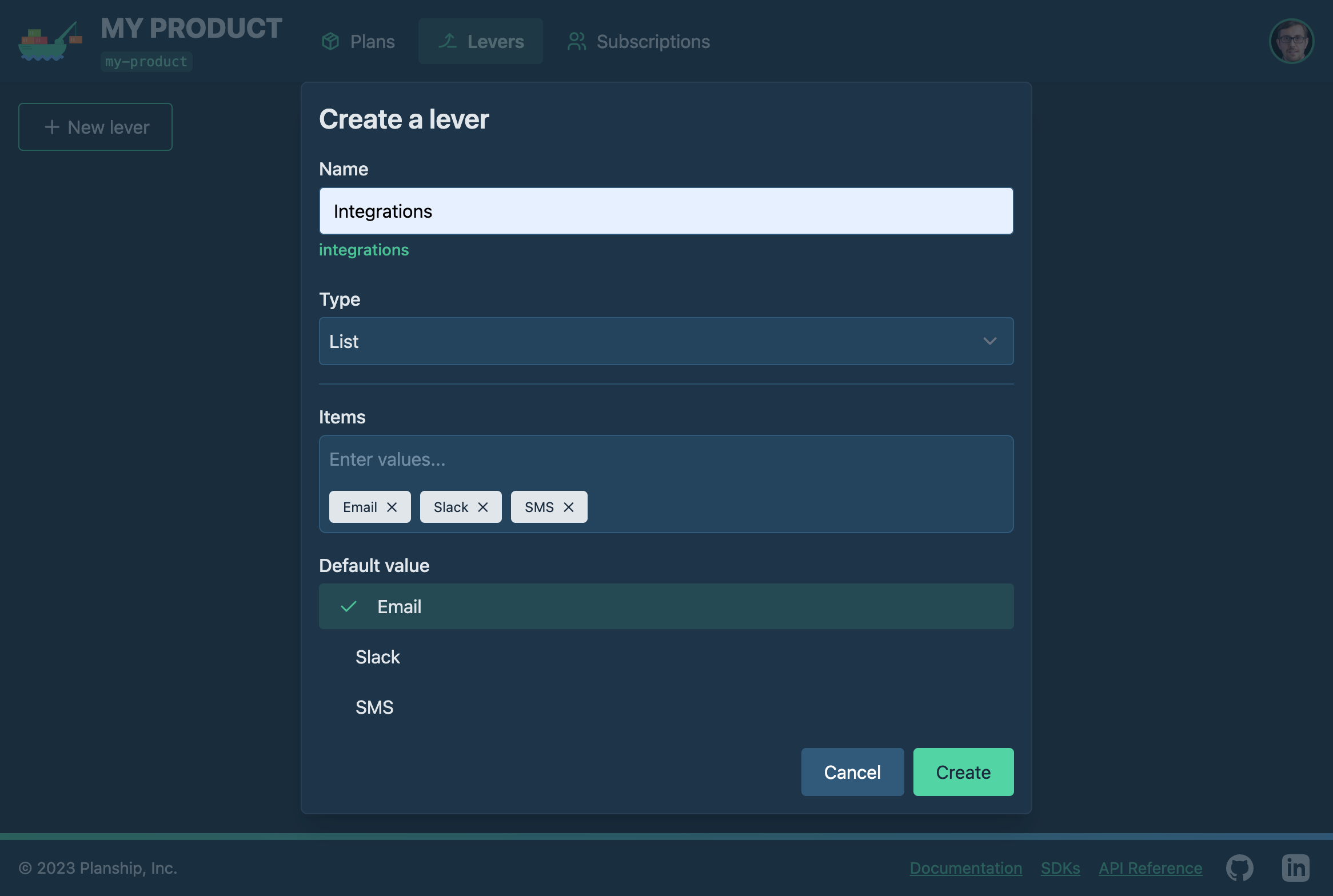 Planship console screenshot showing the 'Integrations' list lever configuration using Create a lever dialog 