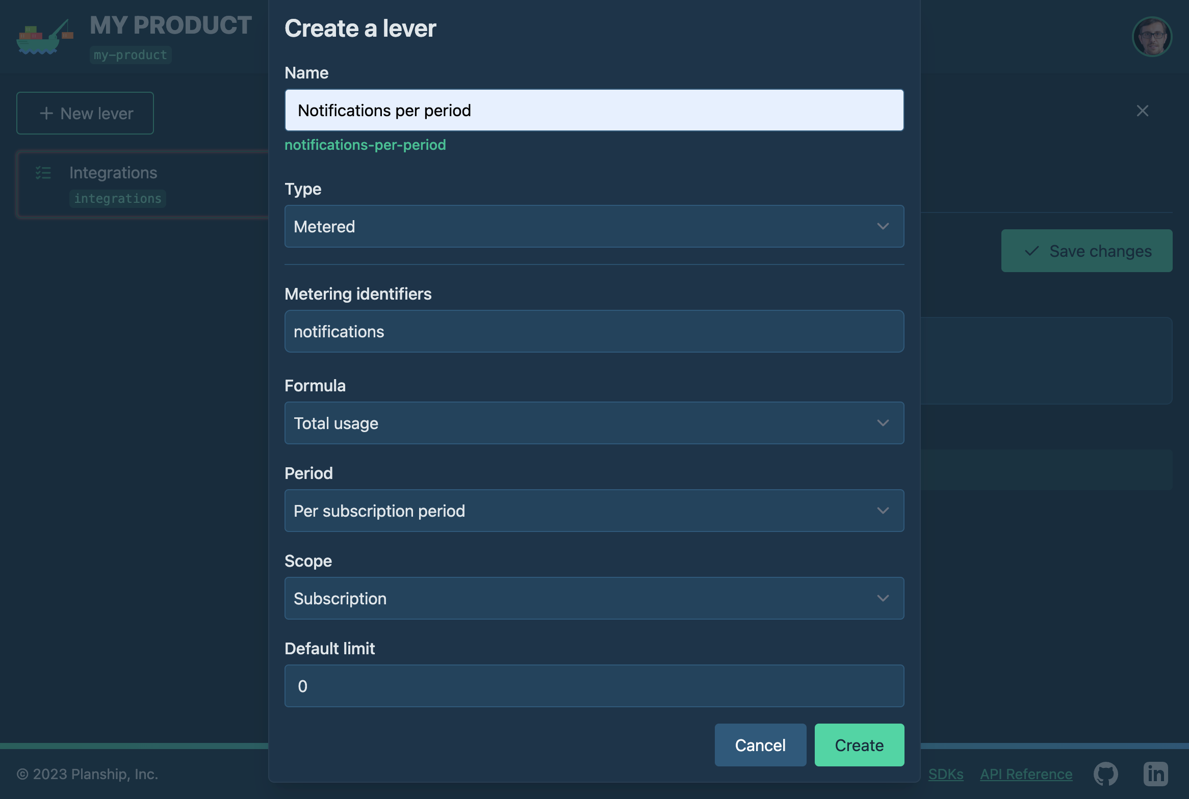 Planship console screenshot showing the 'Notifications per period' metered lever creation using the Create a lever dialog 