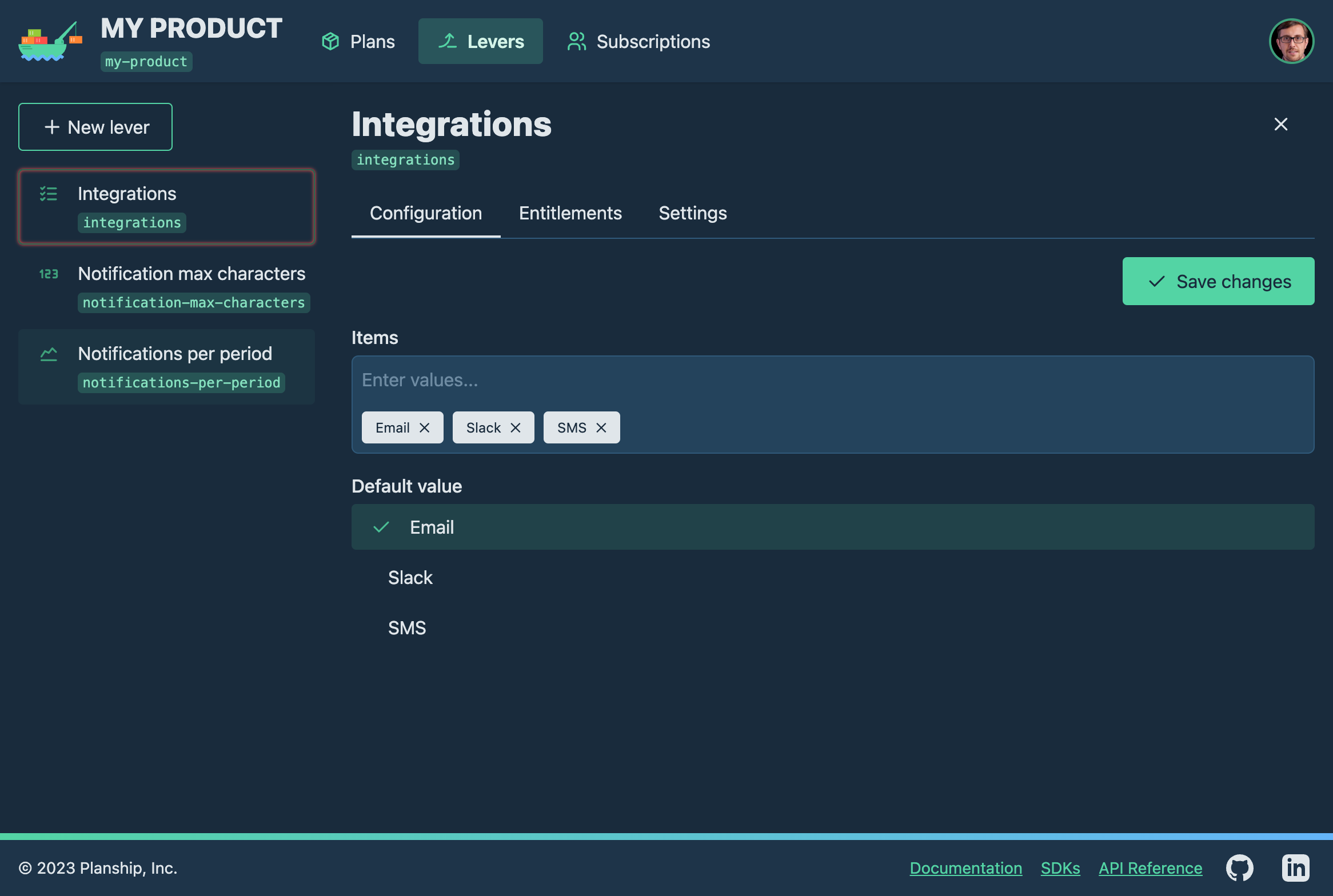 Planship console screenshot showing product 'Levers' tab with three different levers 