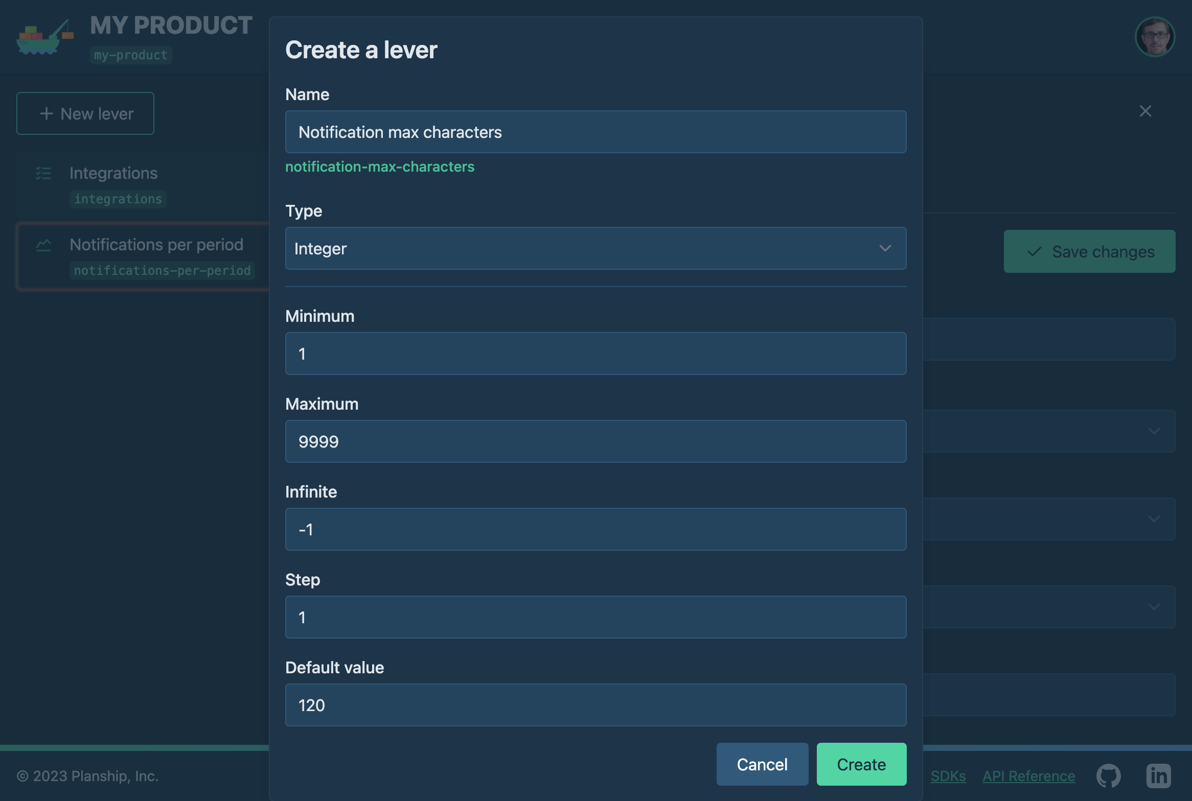 Planship console screenshot showing 'Notifications max characters' integer lever creation using Create a lever dialog 