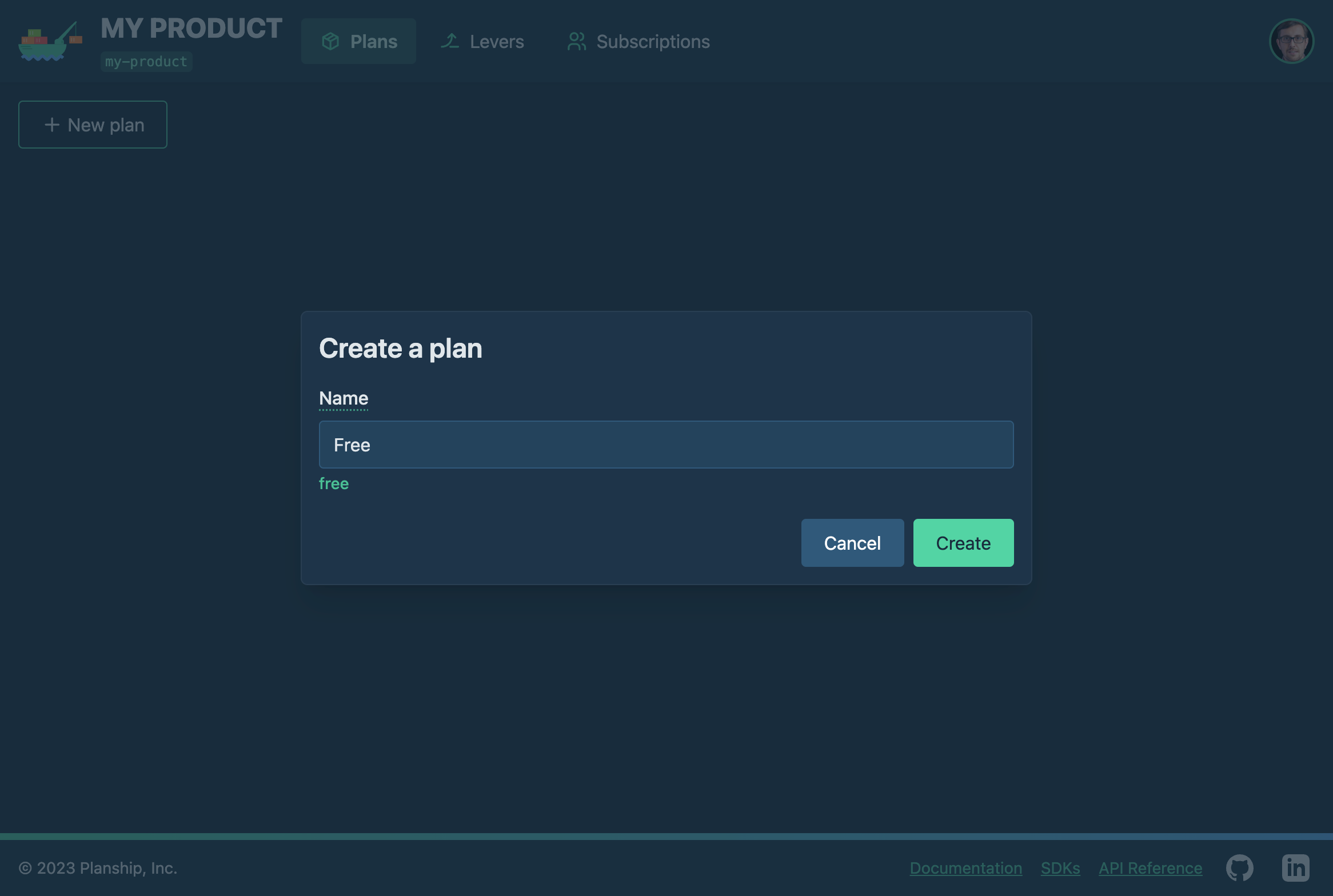 Planship console screenshot showing the 'Create a plan' dialog 