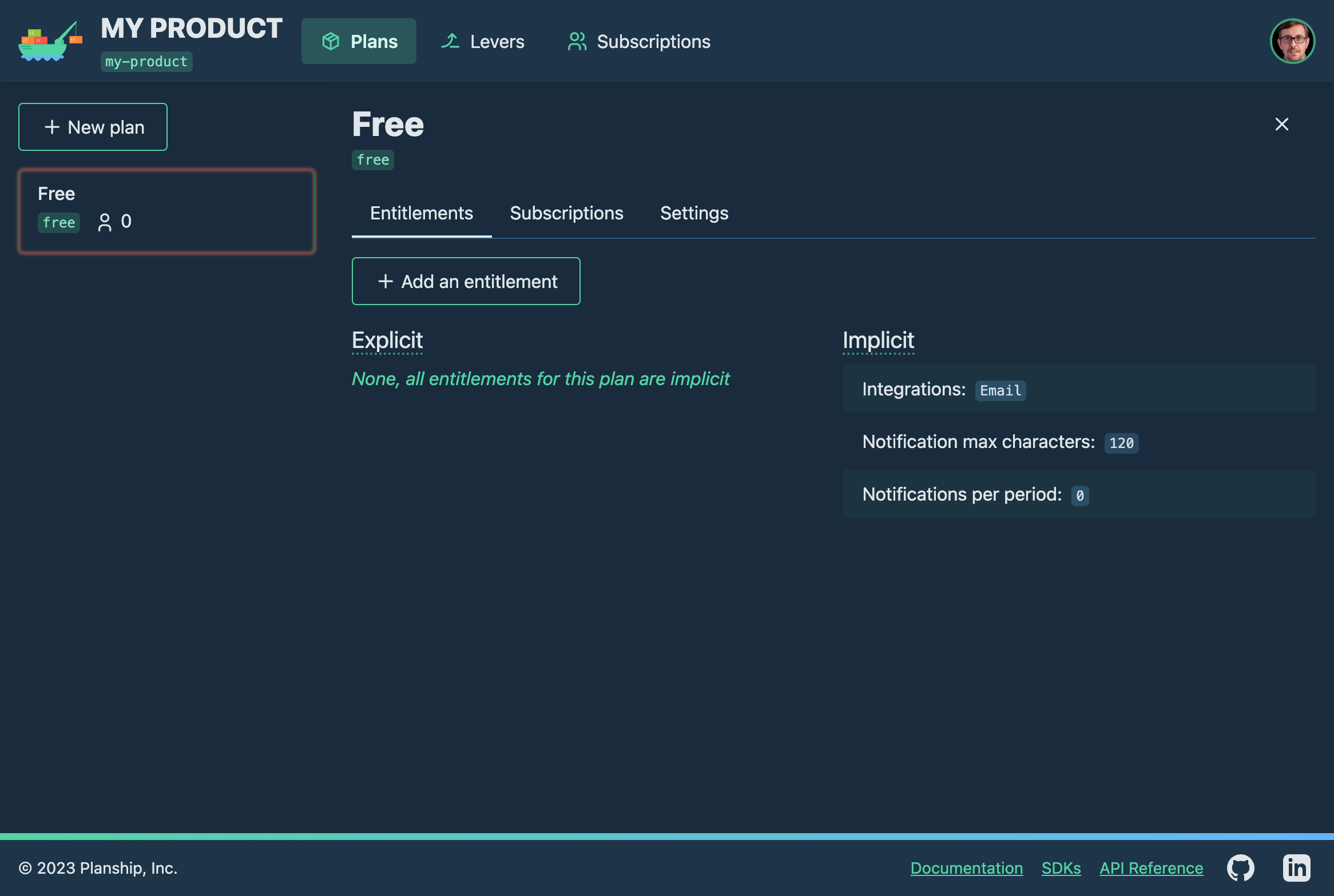 Planship console screenshot showing initial entitlements for the new 'Free' plan