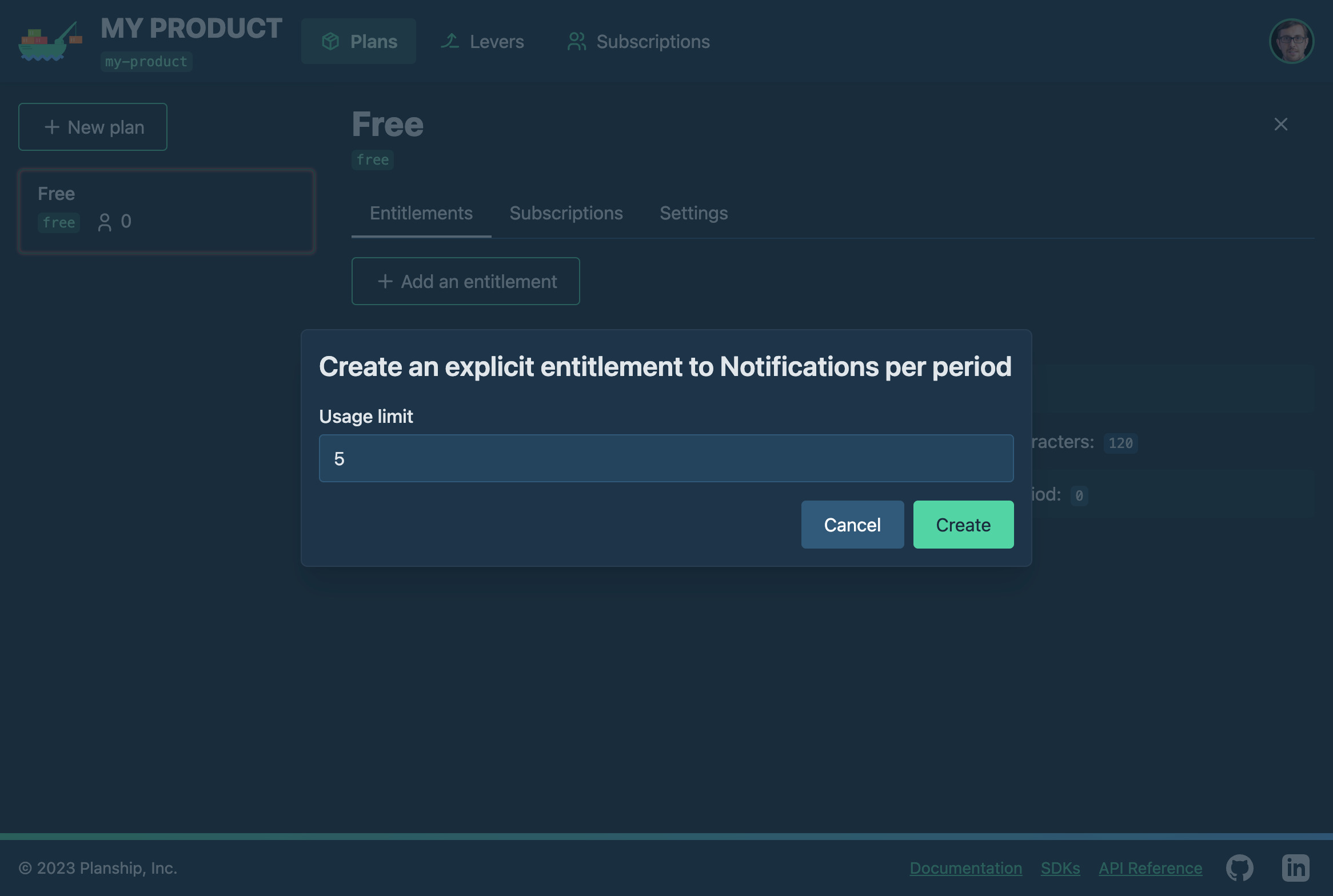 Planship console screenshot showing creation of an explicit entitlement for the **Notifications per period** lever