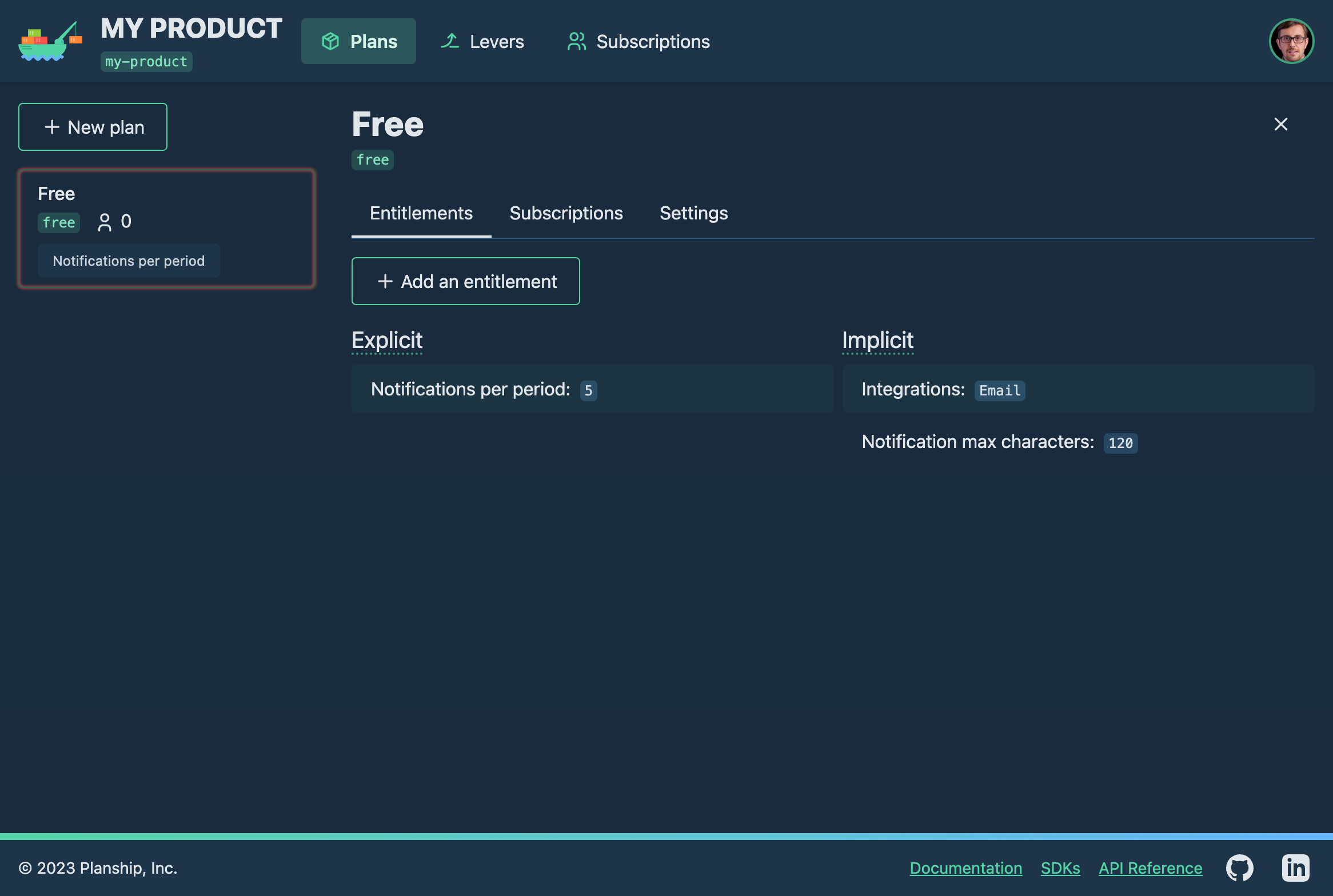 Planship console screenshot showing explicit and implicit entitlements of the 'Free' plan