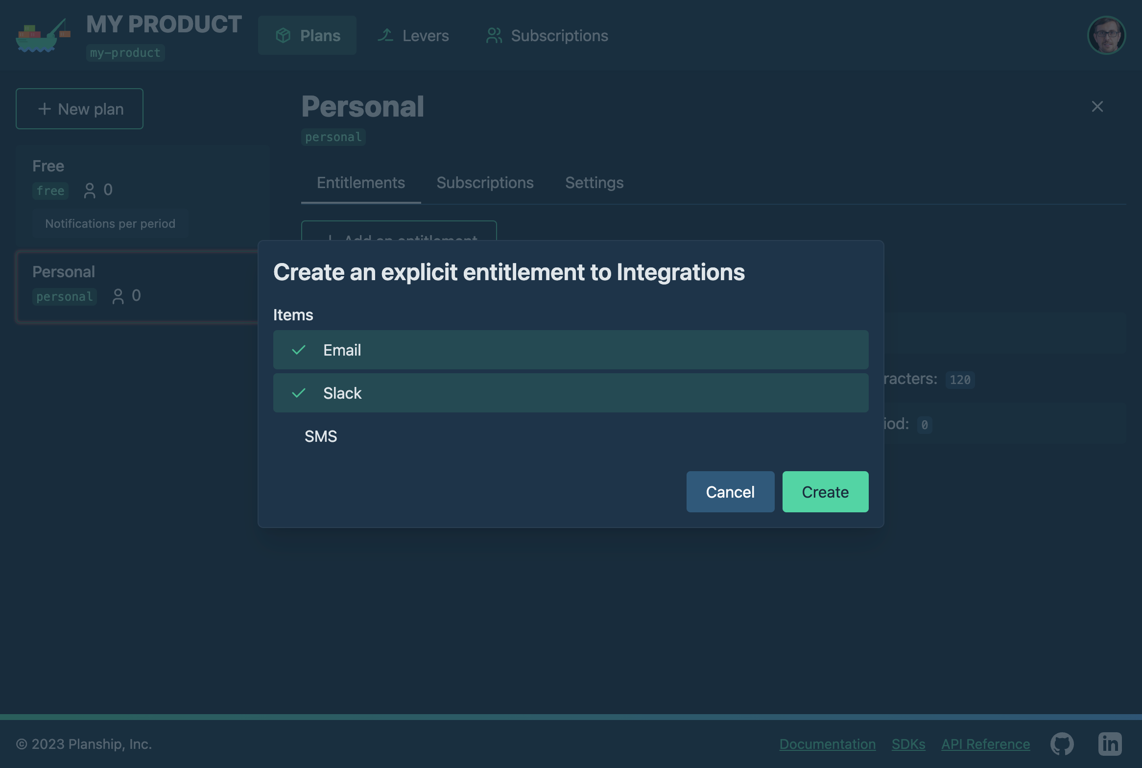 Planship console screenshot showing creation of an explicit entitlement for the **Integrations** lever