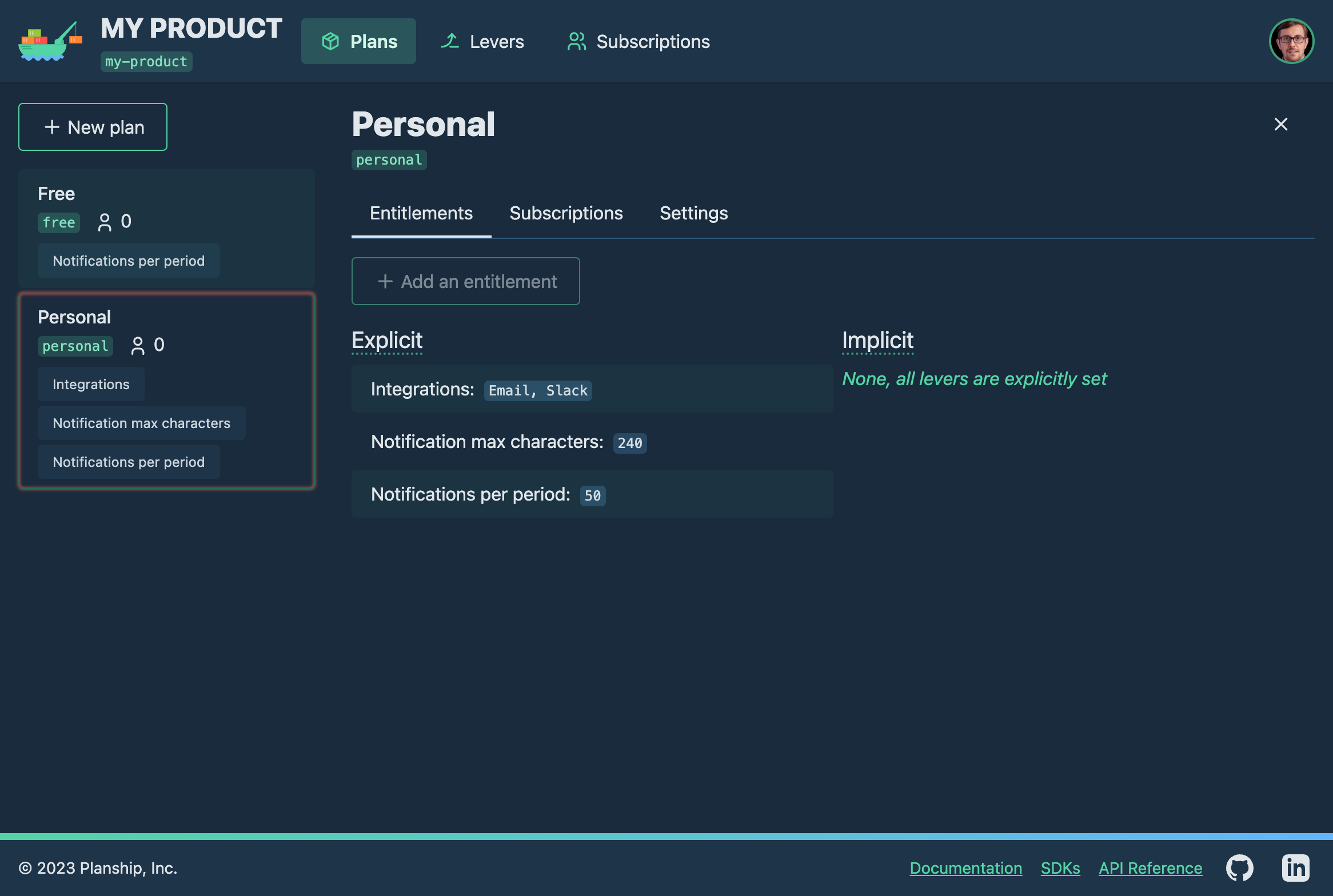 Planship console screenshot showing explicit entitlements of the **Personal** plan