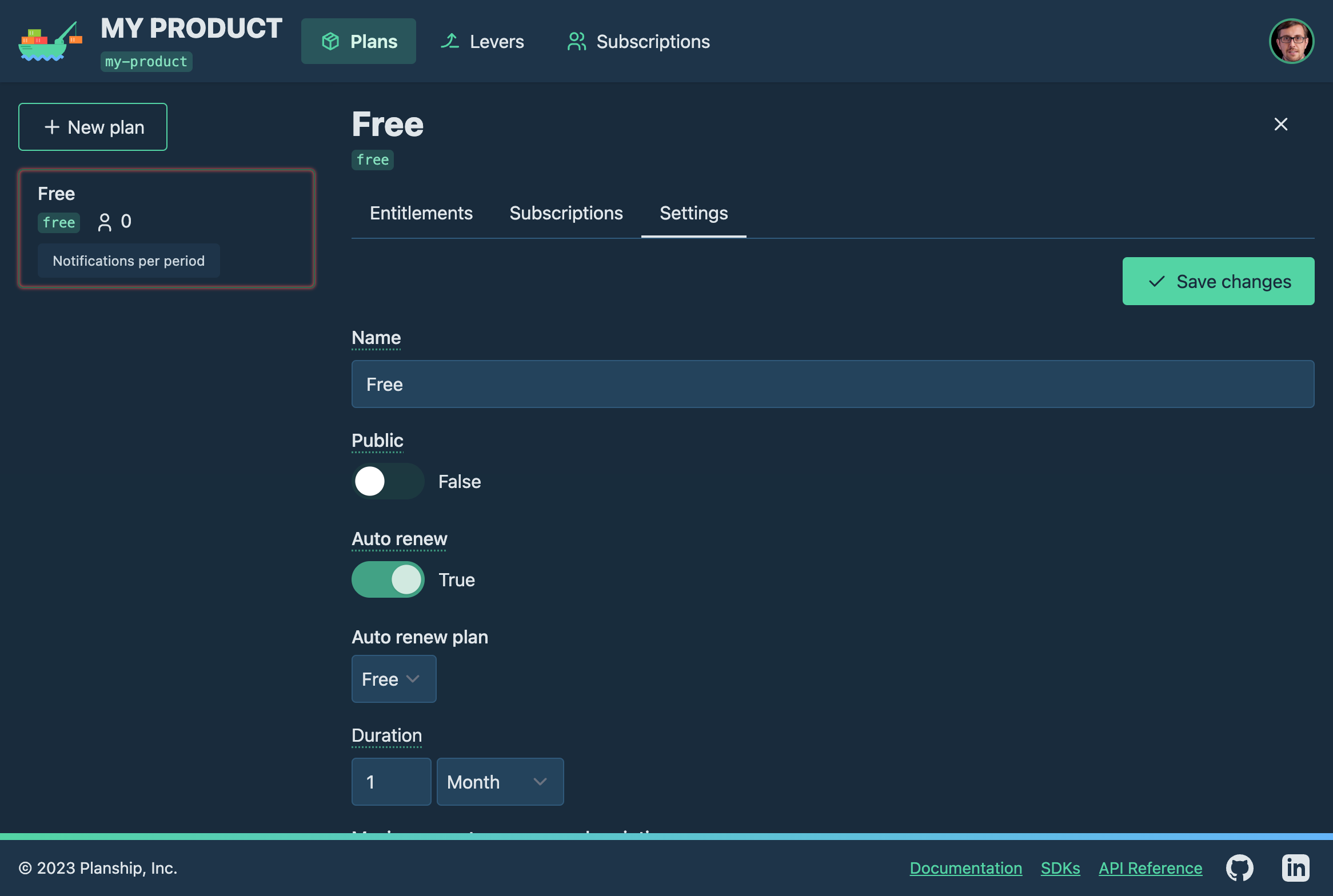 Planship console screenshot showing the settings tab of the 'Free' plan