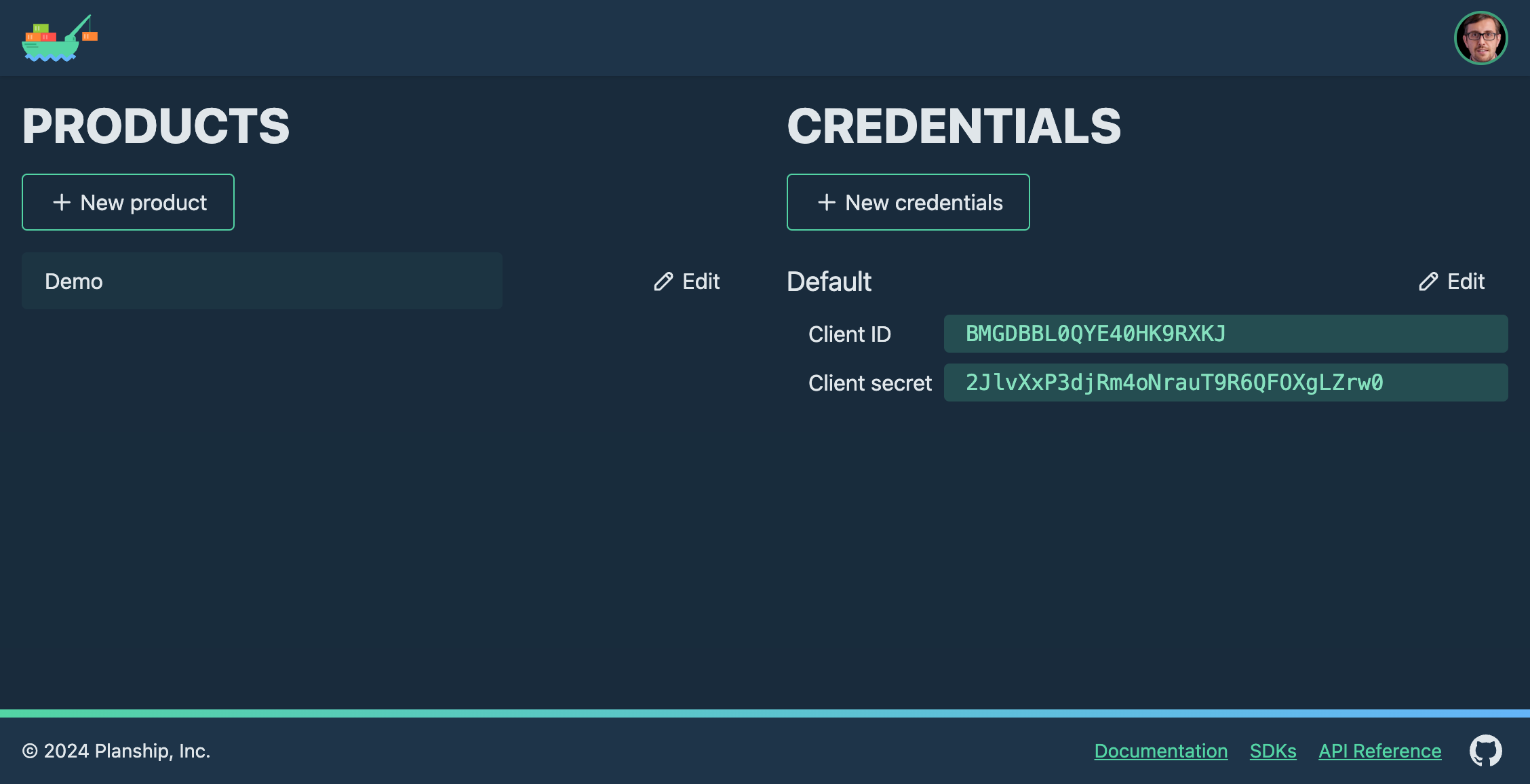 Organization view of the Planship app showing a list of products and credentials